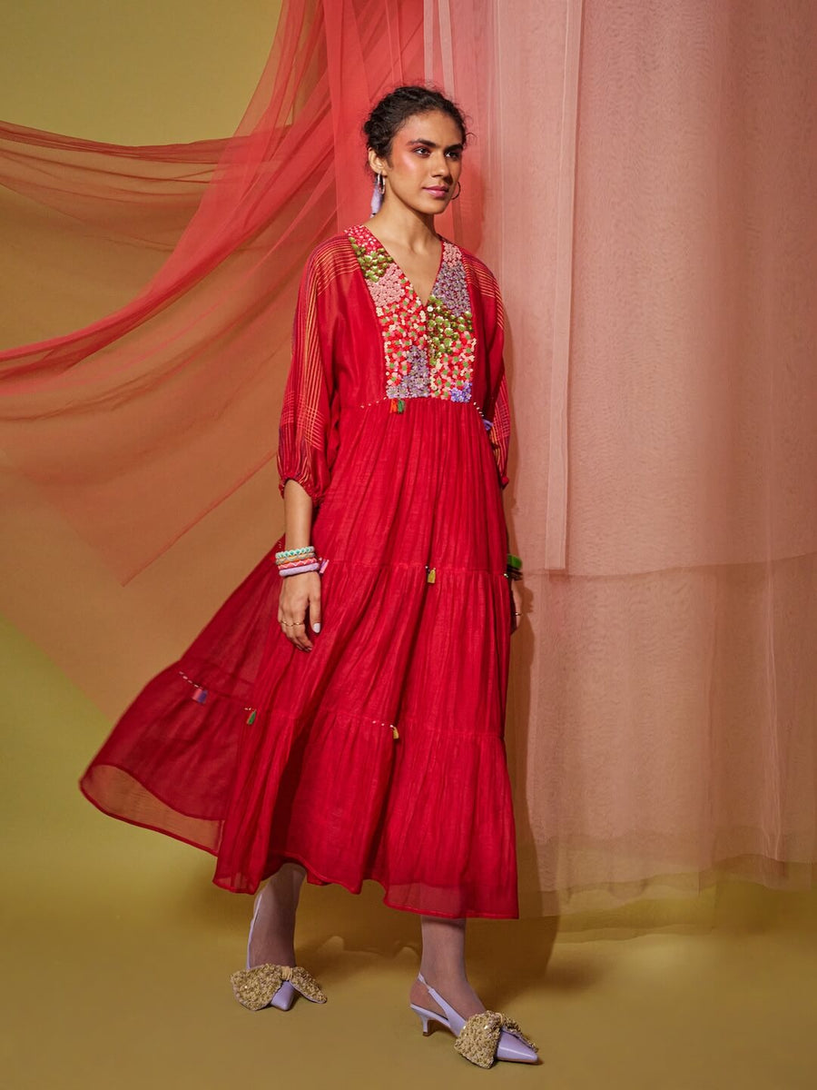 Floral Bunch Gather Sleeve Dress (Red) – Half Full Store